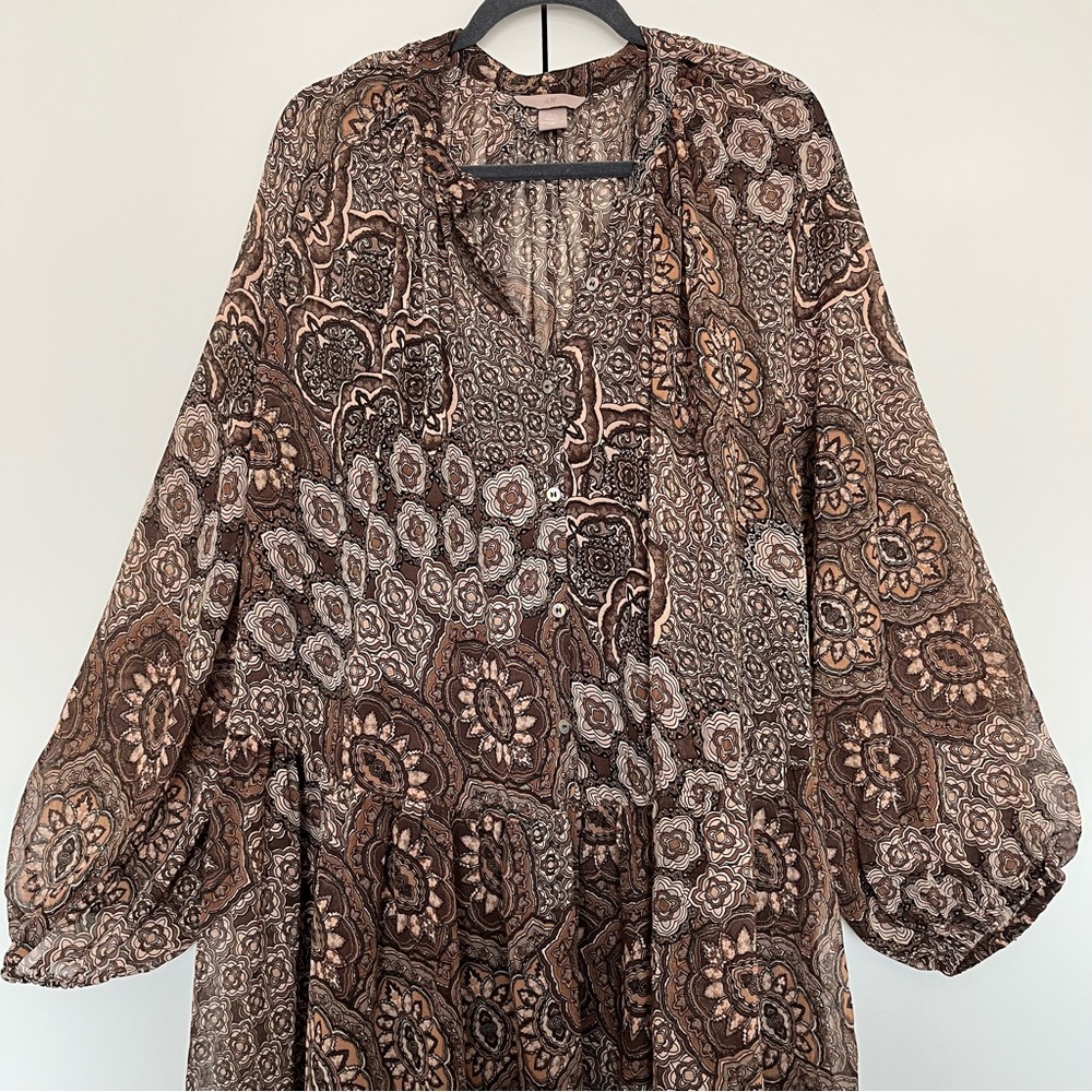 H&M Long Maxi Dress Plus Size XL 20W Brown Tan Chiffon Wide Flowy Floral Light